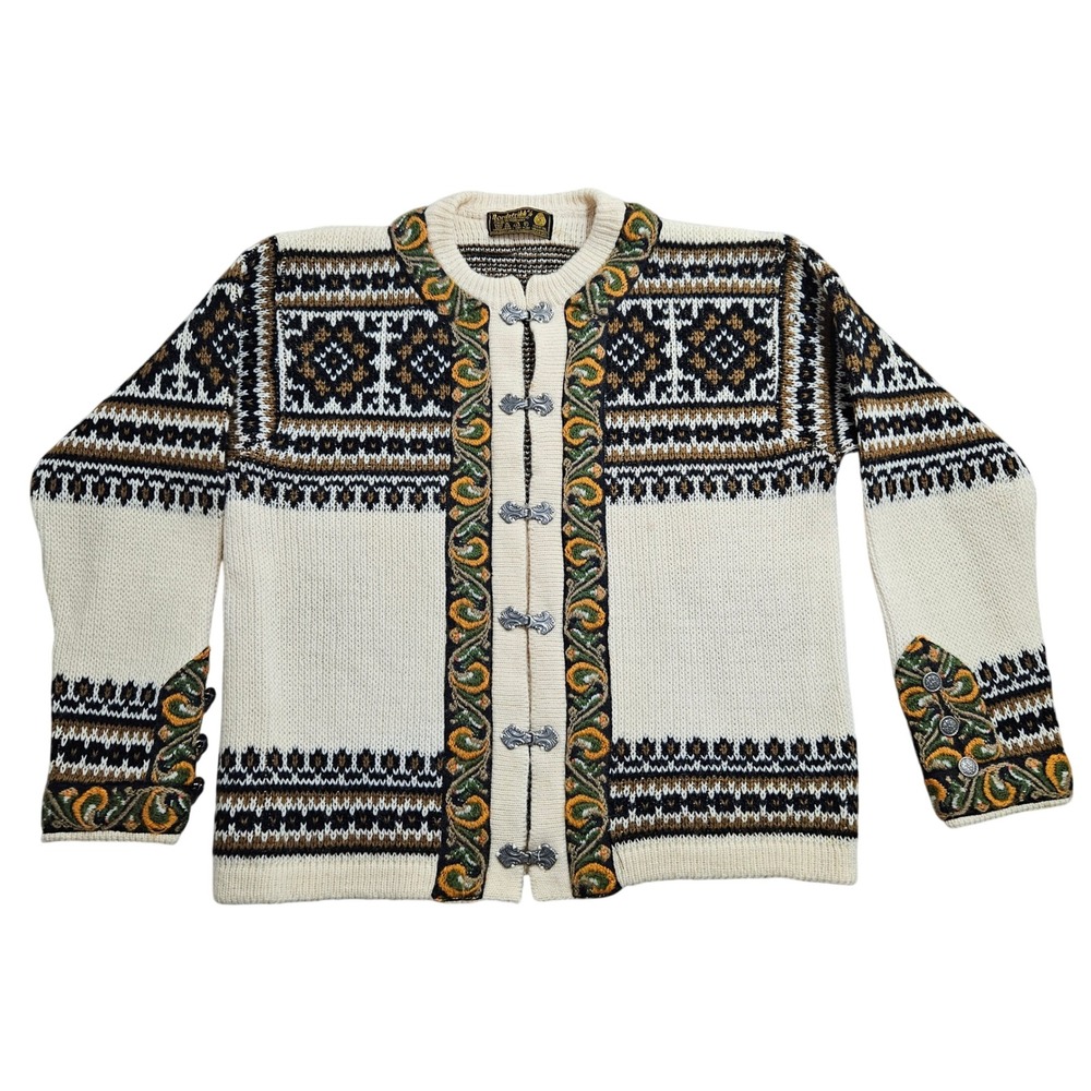 Nordstrikk Vintage Cardigan Sweater Cream Fair Isle Pewter Clasps Made Norway *